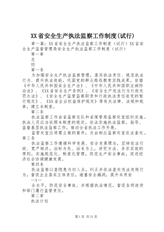 XX省安全生产执法监察工作制度(试行)