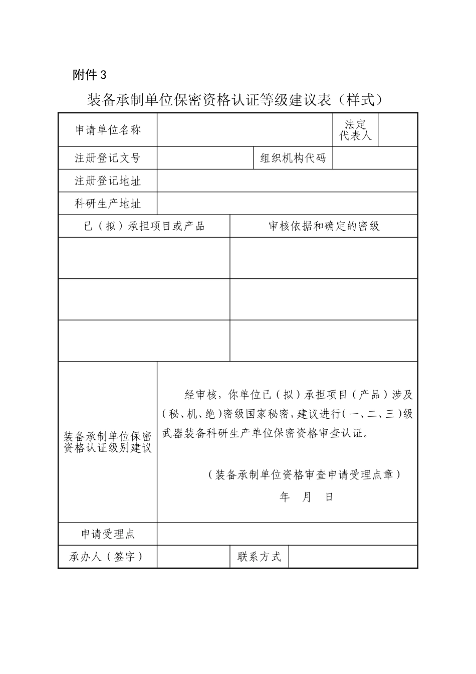 装备承制单位保密资格认证等级建议表(样式)_第1页