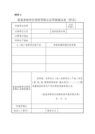 装备承制单位保密资格认证等级建议表(样式)