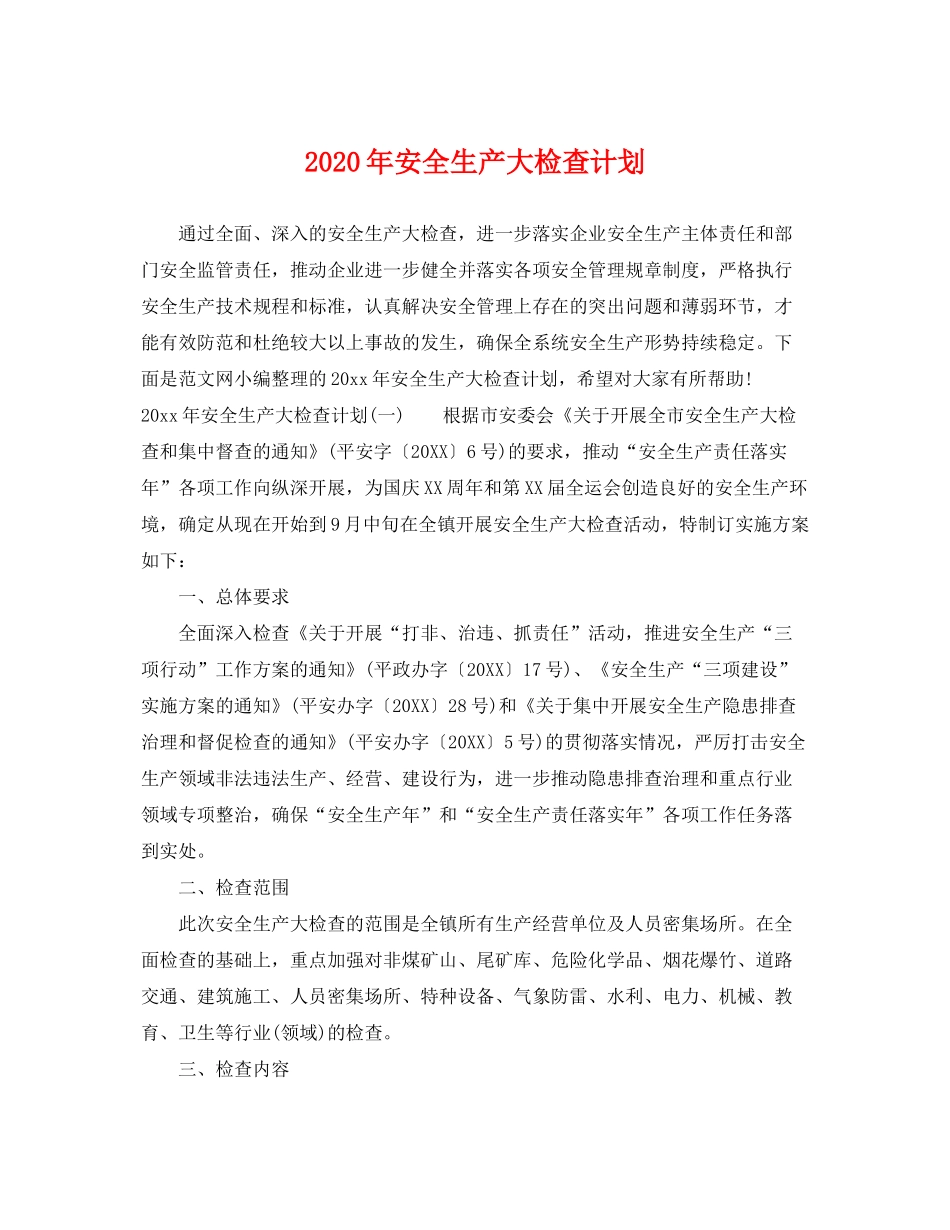 2020年安全生产大检查计划_第1页