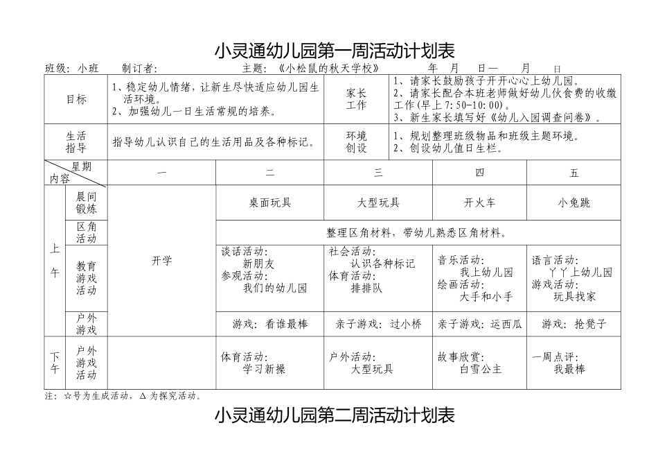 新安幼儿园小班第一周活动计划表_第1页