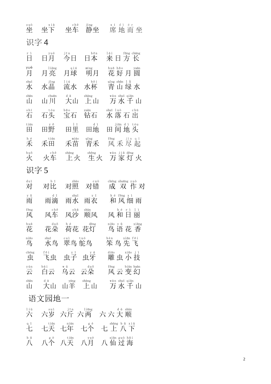 一年级上册语文识字表-组词_第2页