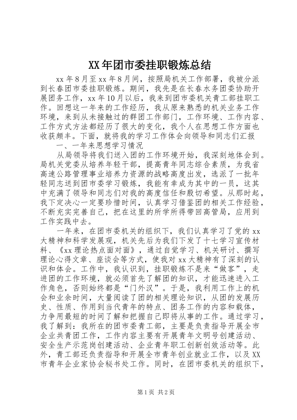 XX年团市委挂职锻炼总结_第1页