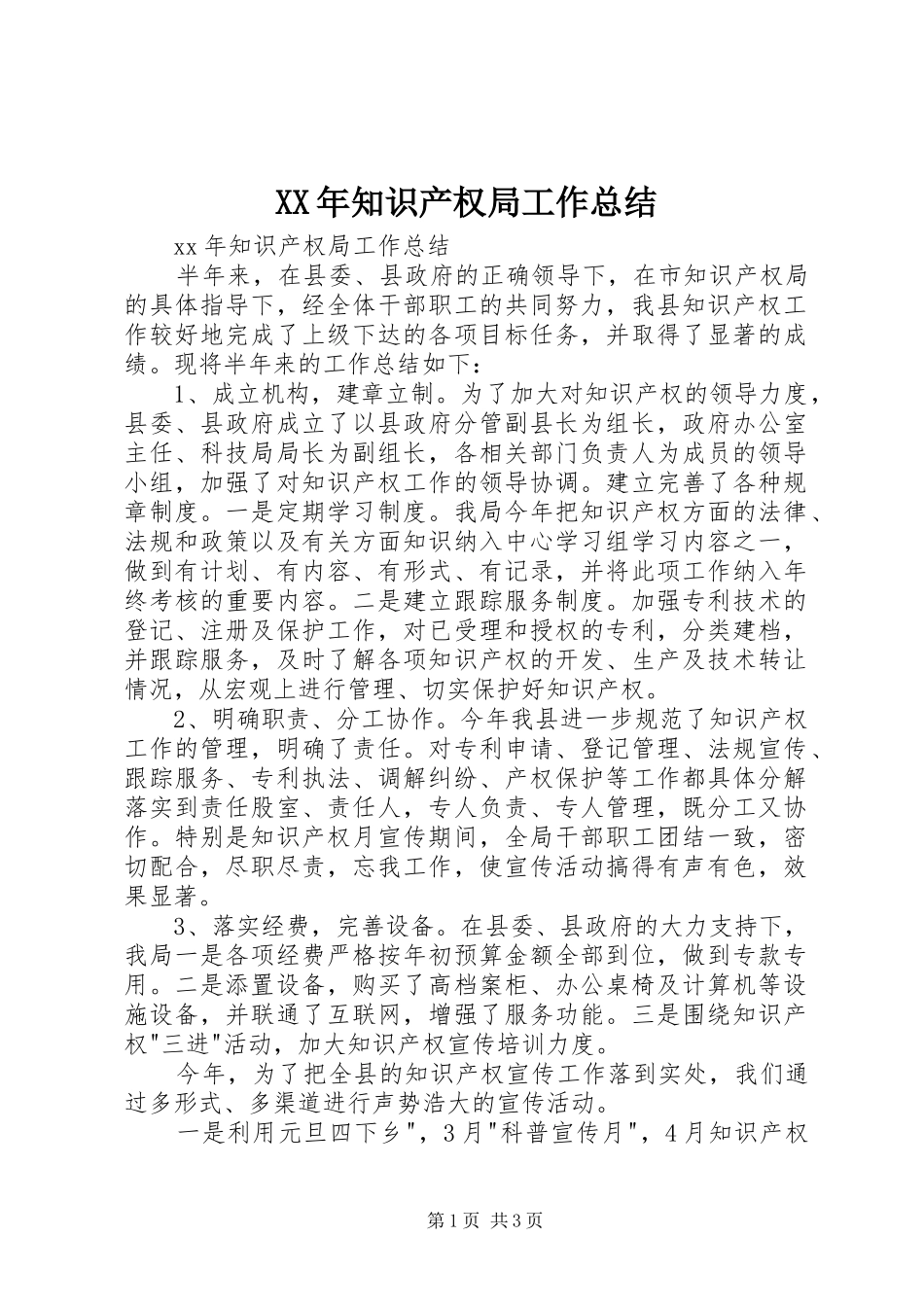 XX年知识产权局工作总结_第1页