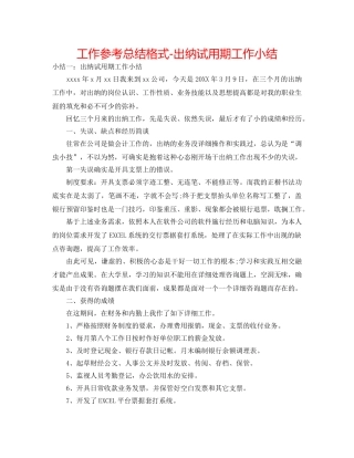 工作参考总结格式-出纳试用期工作小结 