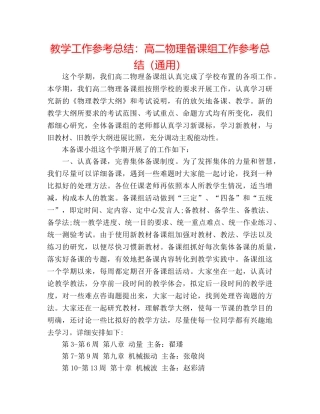 教学工作参考总结高二物理备课组工作参考总结（通用） 