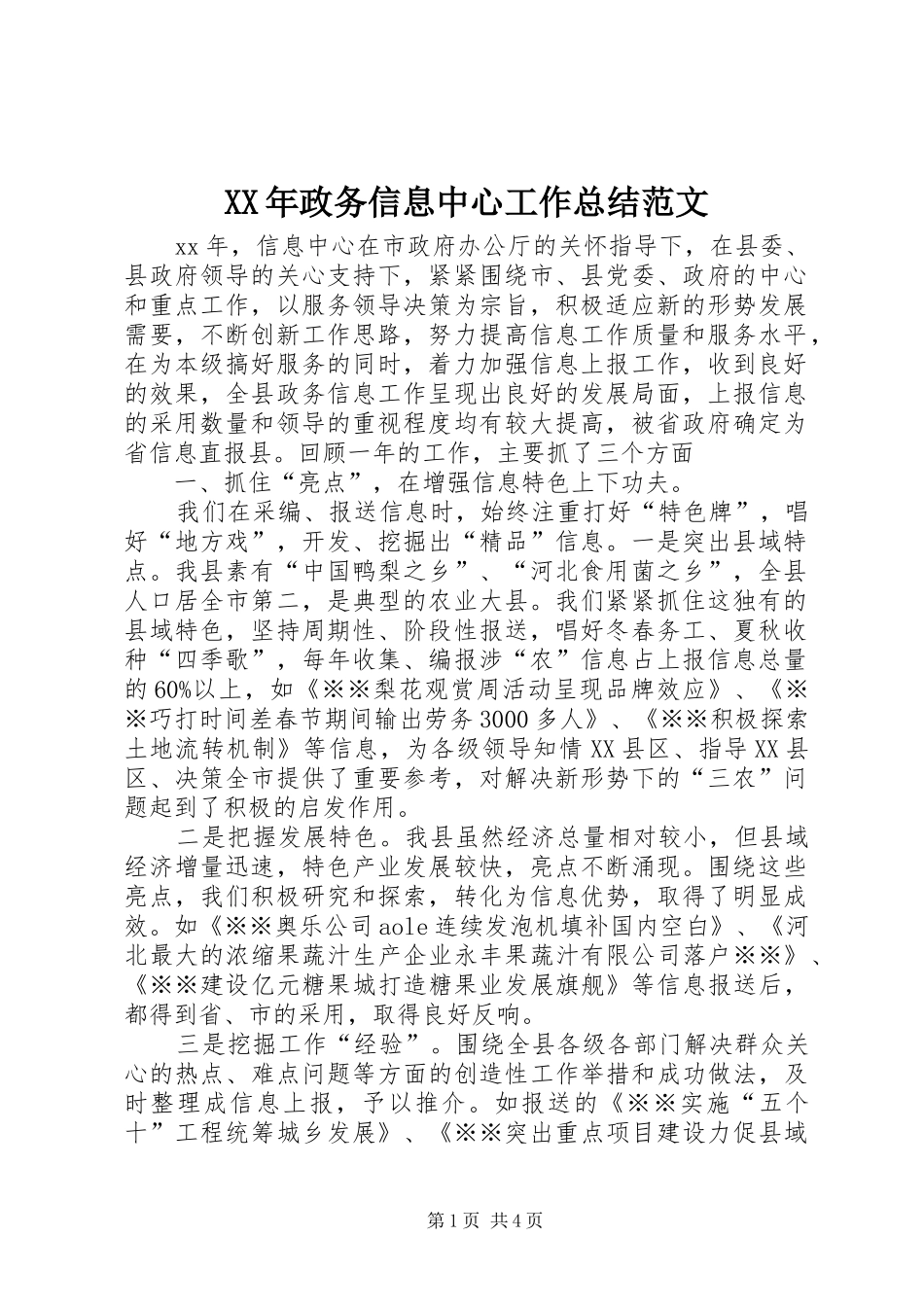 XX年政务信息中心工作总结范文_第1页