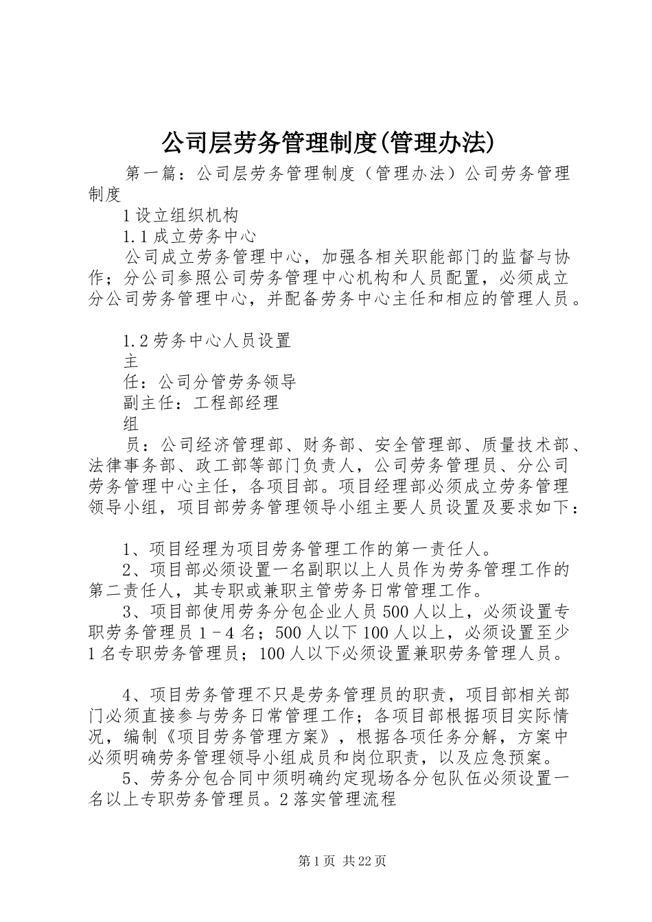 公司层劳务管理制度(管理办法)_第1页