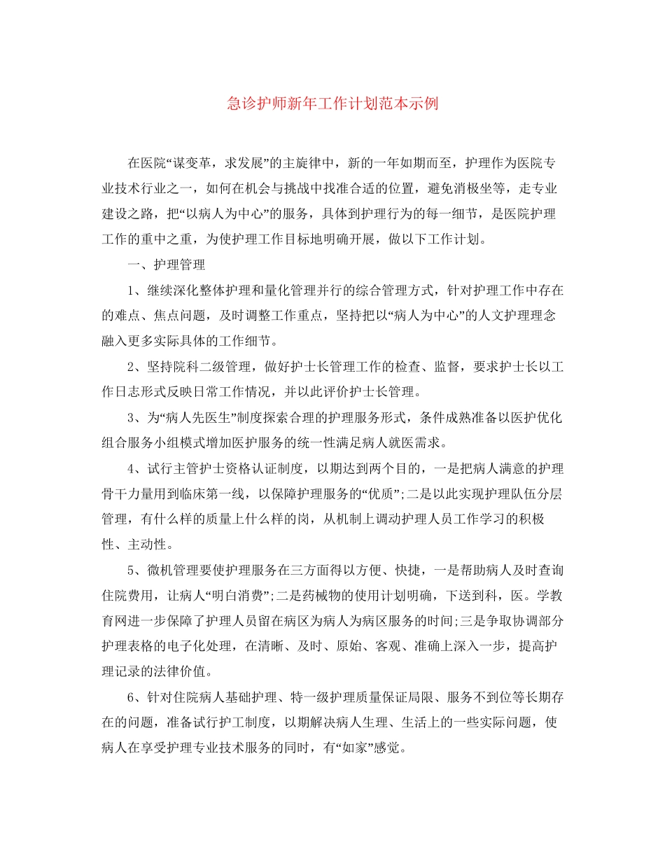 急诊护师新年工作计划范本示例_第1页