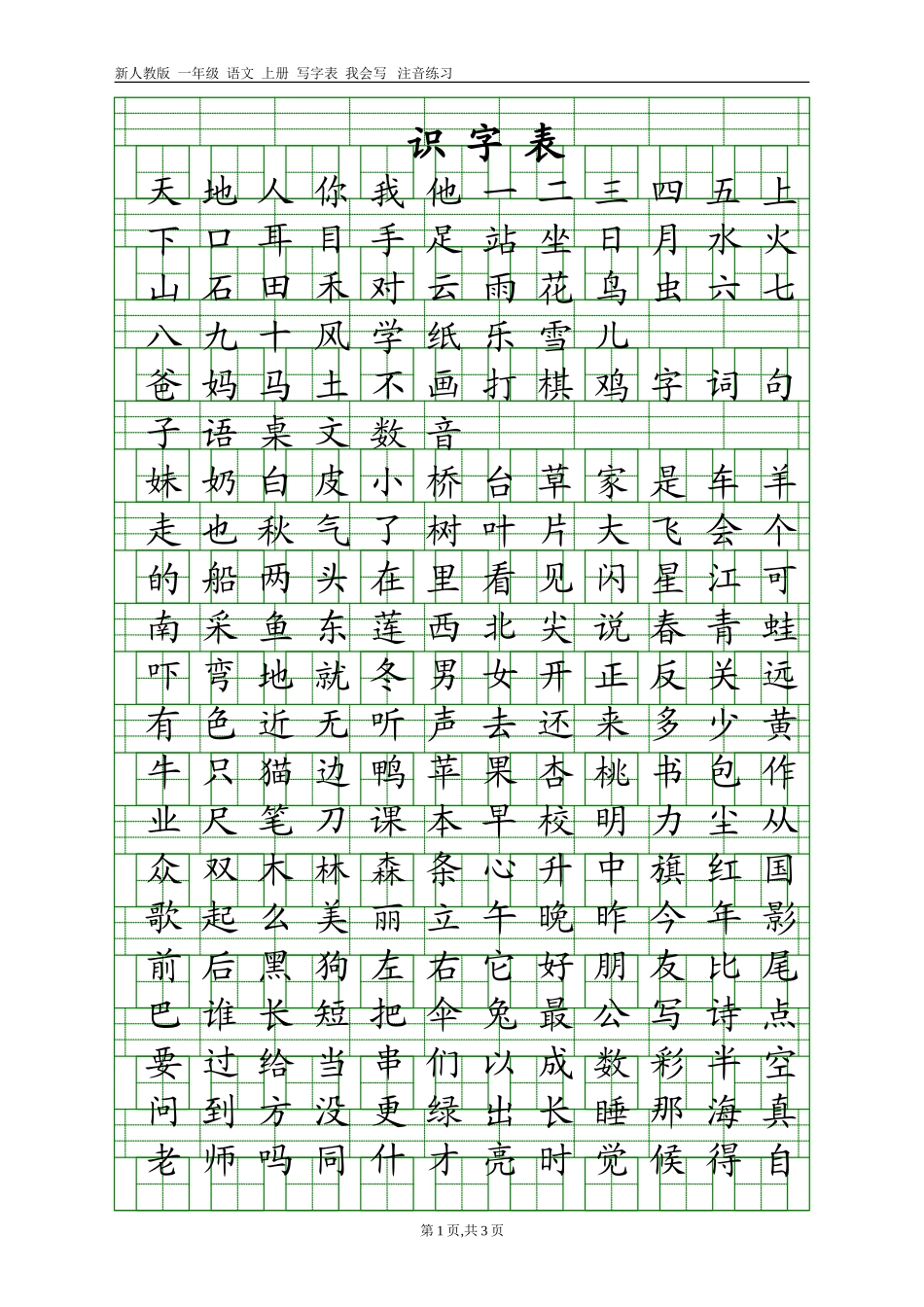 2017年新人教版语文一年级上册识字表+写字表注音练习_第1页