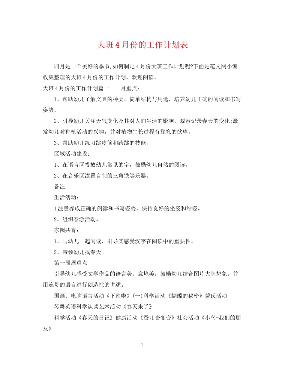大班4月份的工作计划表_第1页
