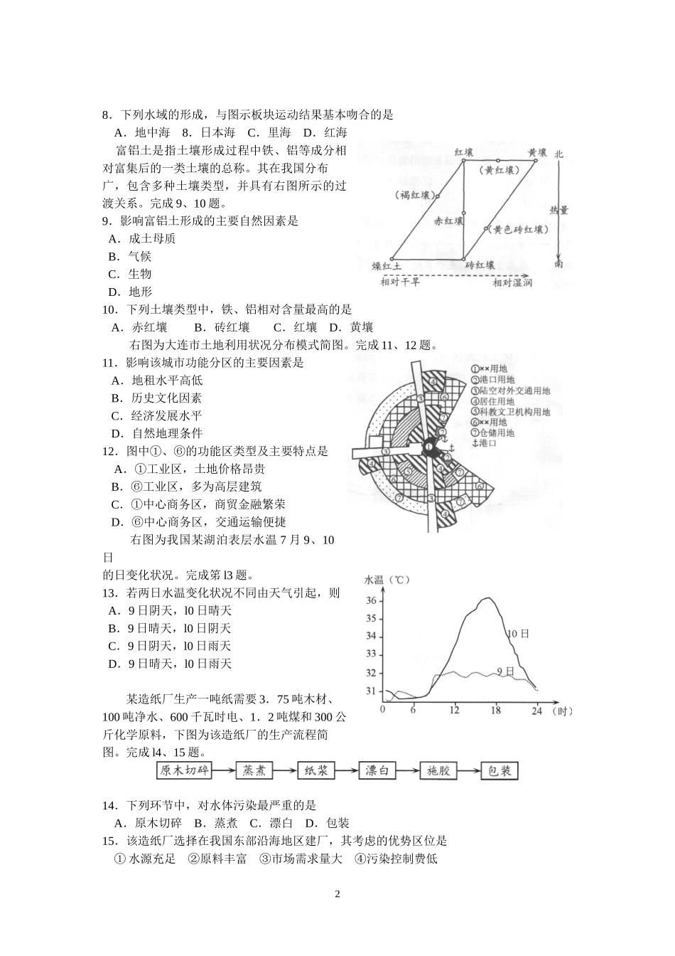 2019届浙江省绍兴市9月高考选考诊断性考试地理试题(word版)_第2页