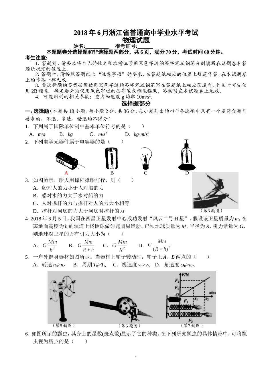 2018年6月浙江省普通高中学业水平考试物理试卷_第1页