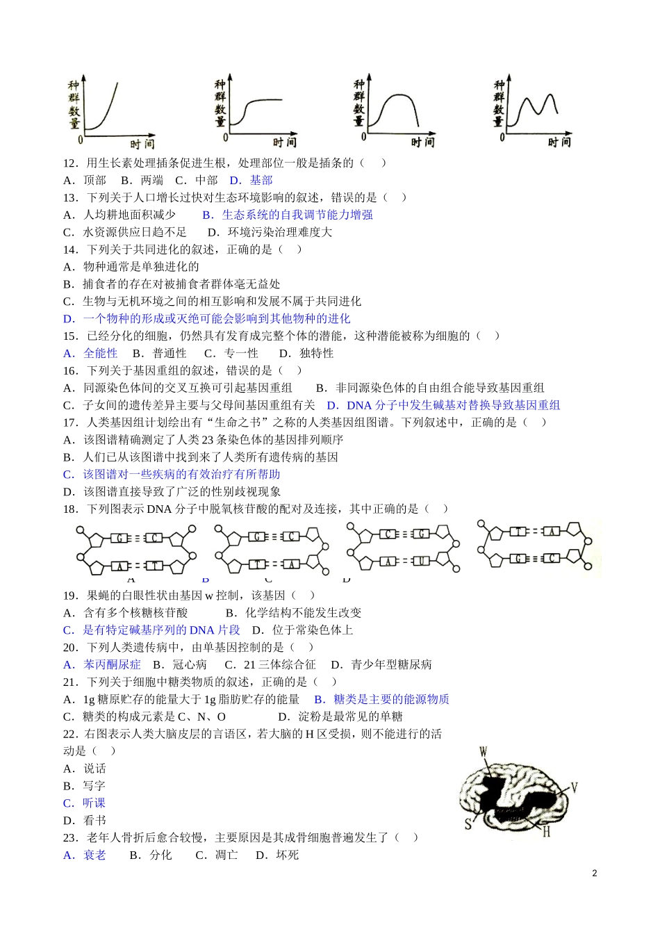 2017年6月广东省普通高中学业水平考试生物科试题(含答案)_第2页