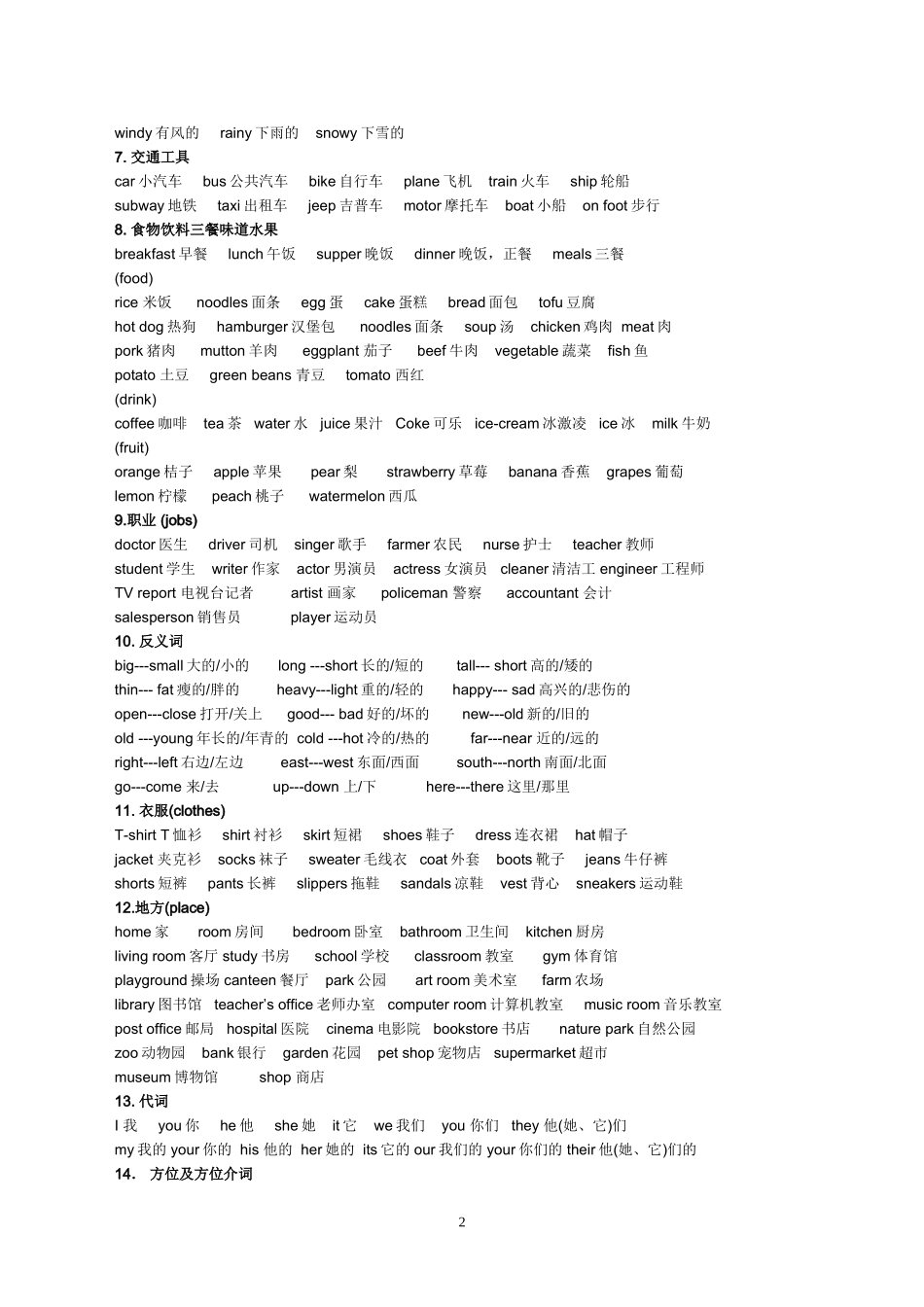 100个常用英语单词分类表_第2页