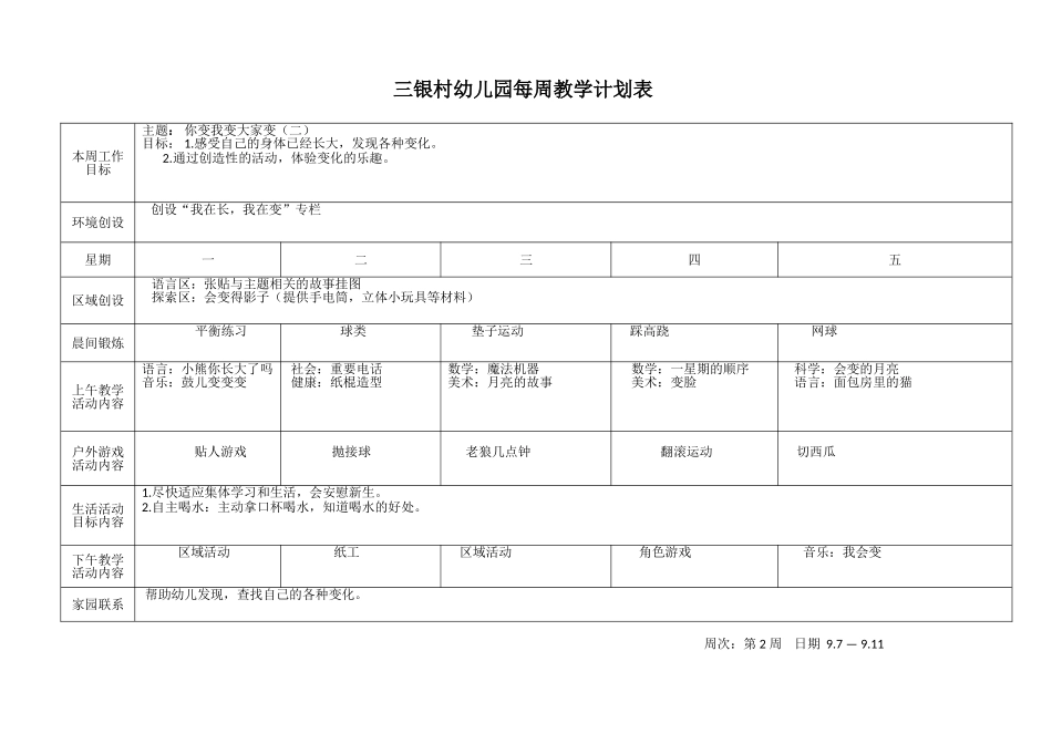 2015幼儿园大班每周教学计划表第一学期_第2页
