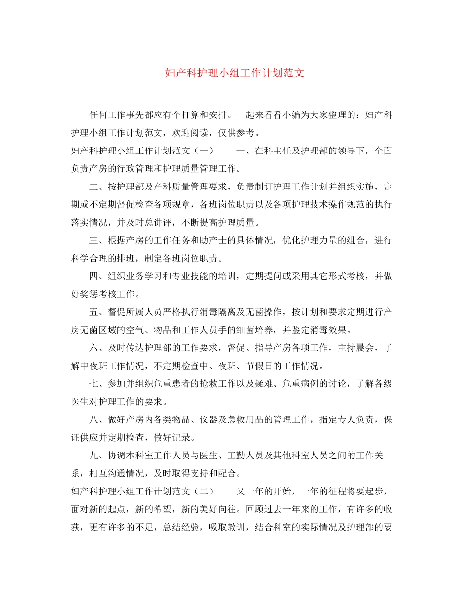 妇产科护理小组工作计划范文_第1页