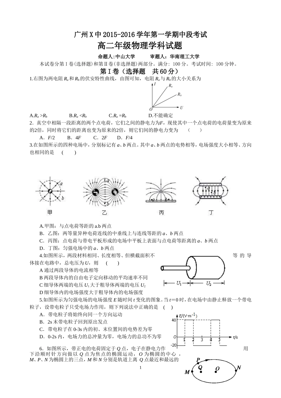 2015广州高二第一学期期中考试物理华附-广雅-省实-六中-执信--含答案_第1页