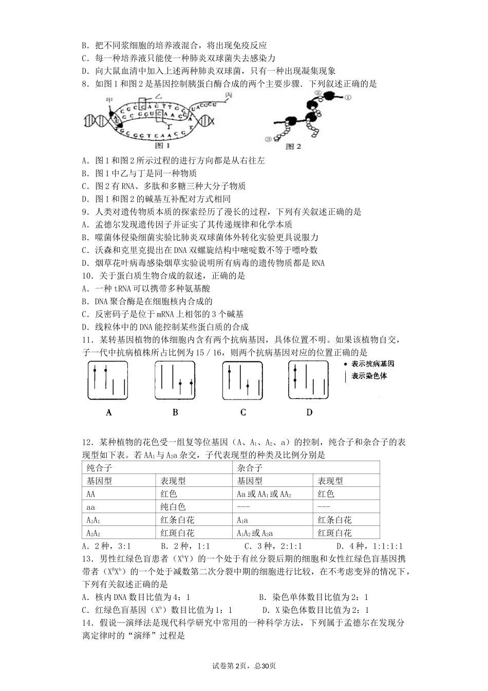 2016届高考生物遗传100题(一)_第2页