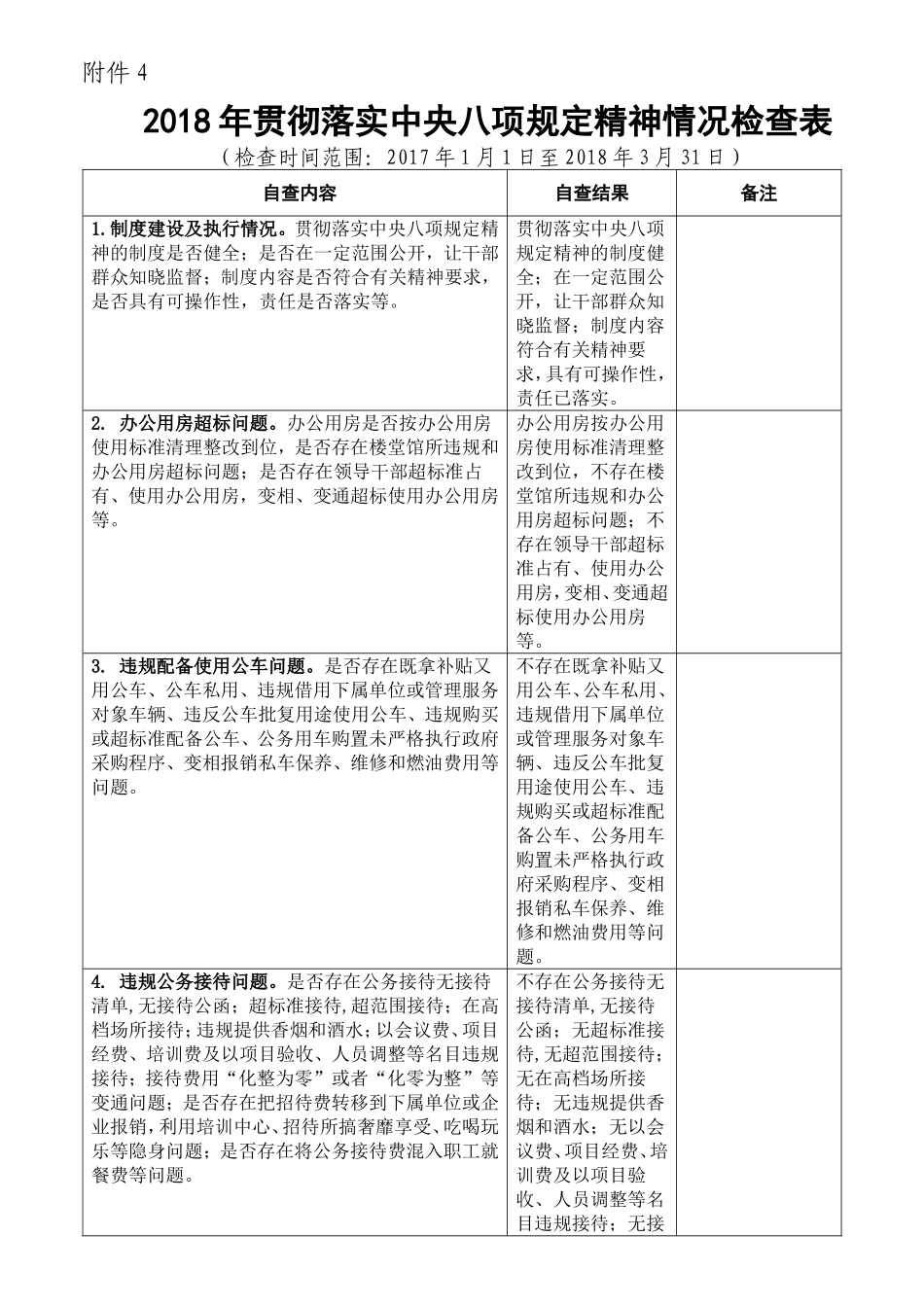 2018年贯彻落实中央八项规定精神情况检查表_第1页