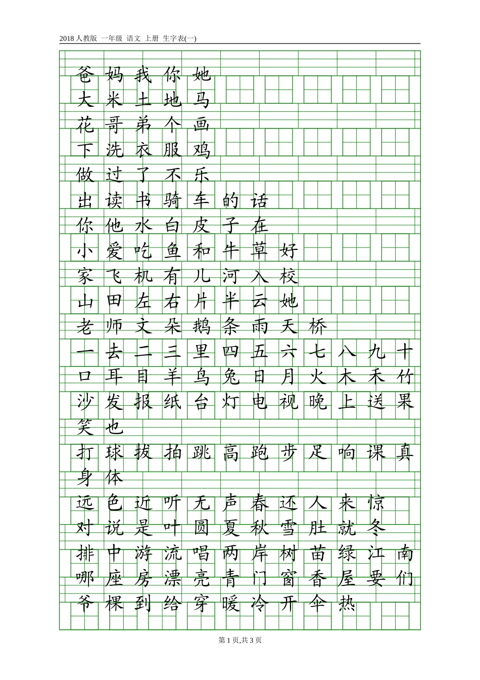 2018人教版一年级生字表_第1页
