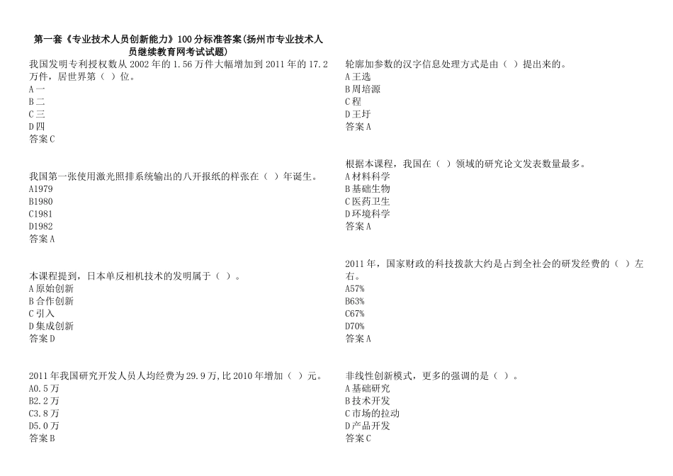 《专业技术人员创新能力》100分标准答案(扬州市专业技术人员继续教育网考试第一套试题)_第1页