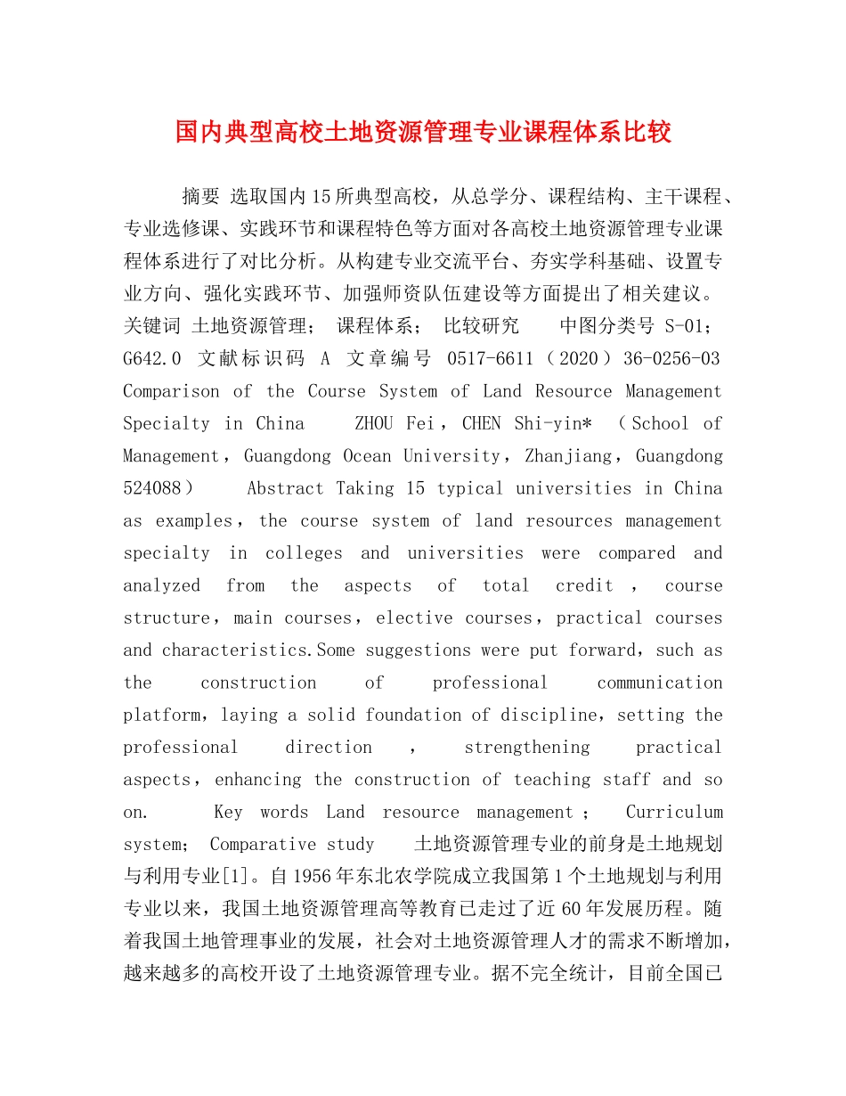 国内典型高校土地资源管理专业课程体系比较 _第1页