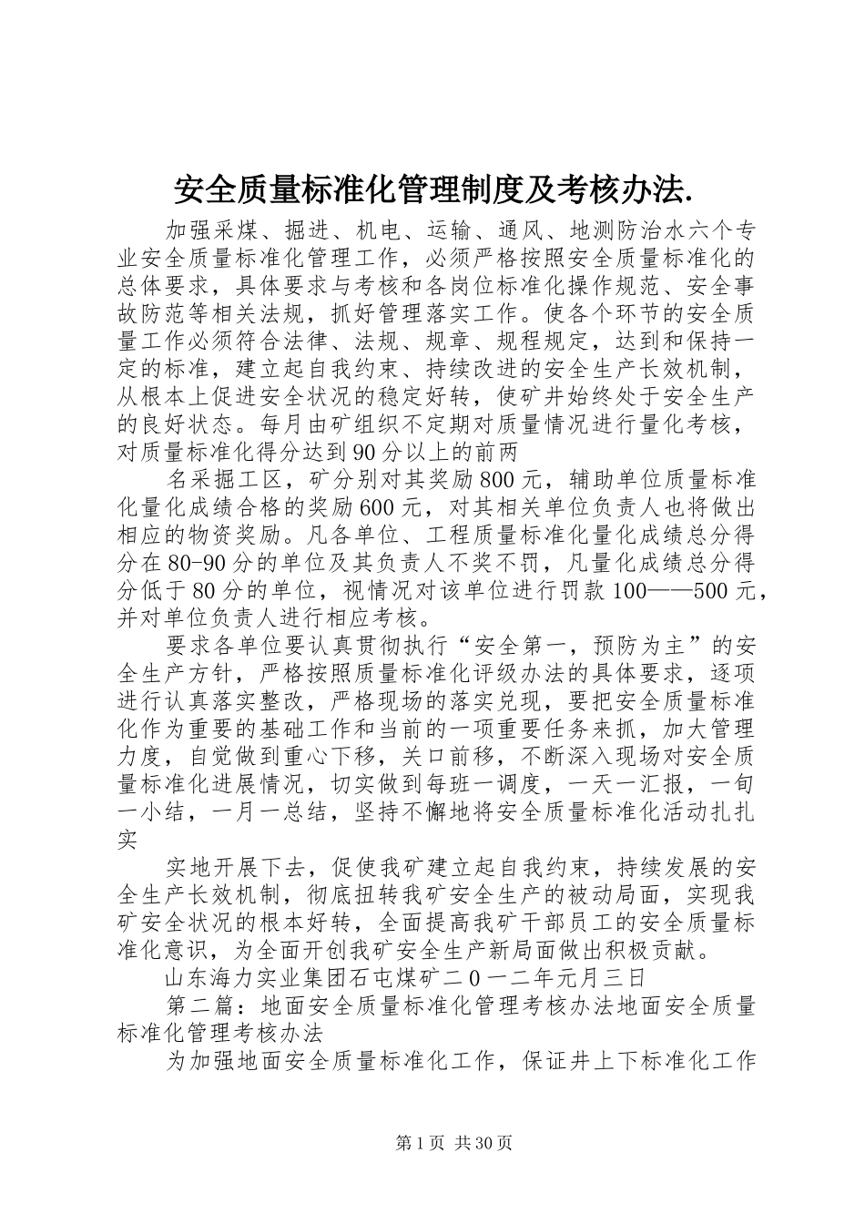安全质量标准化管理制度及考核办法._第1页
