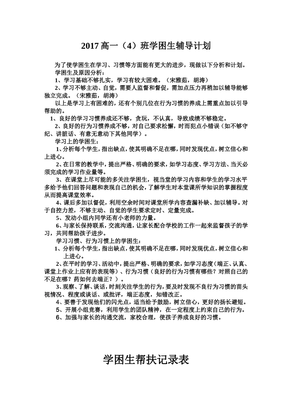 2017年高中生学困生帮扶计划及记录_第1页