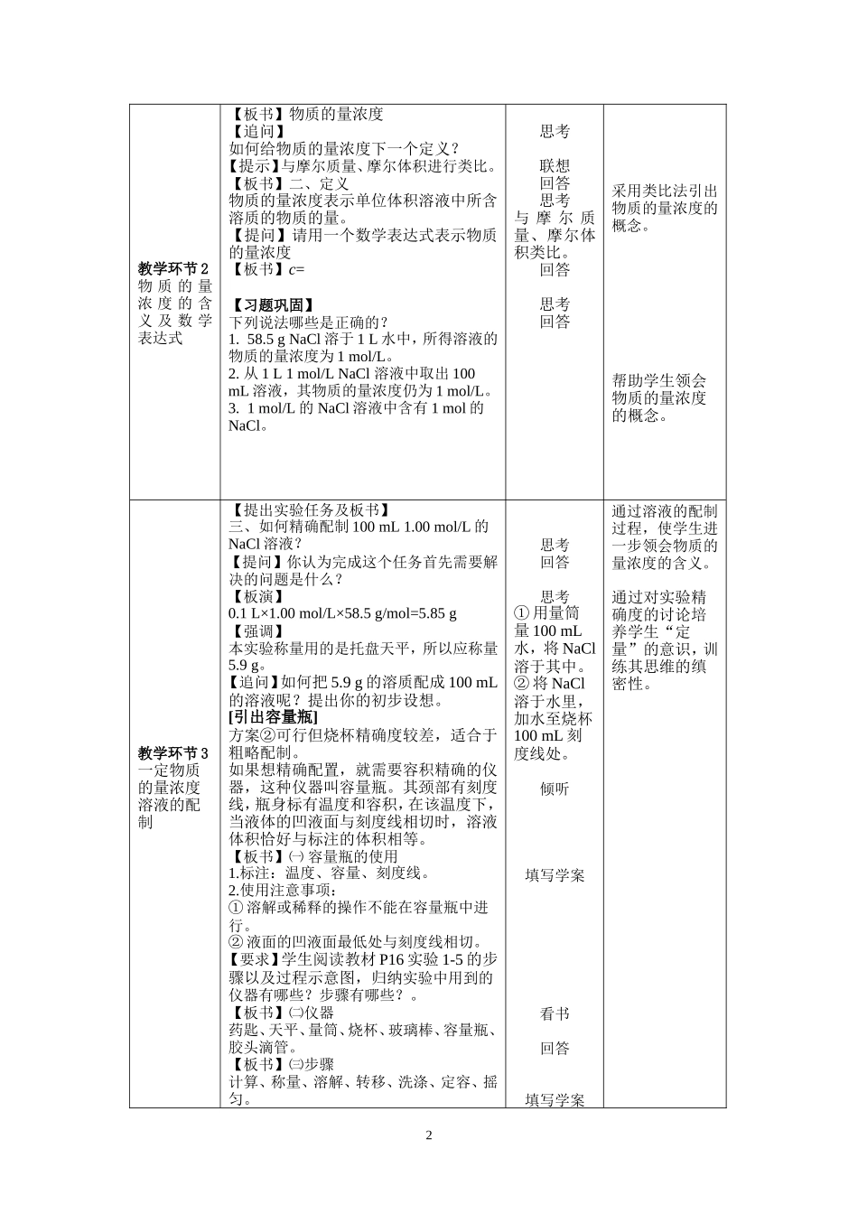 《物质的量浓度及溶液的配制》教学设计_第2页