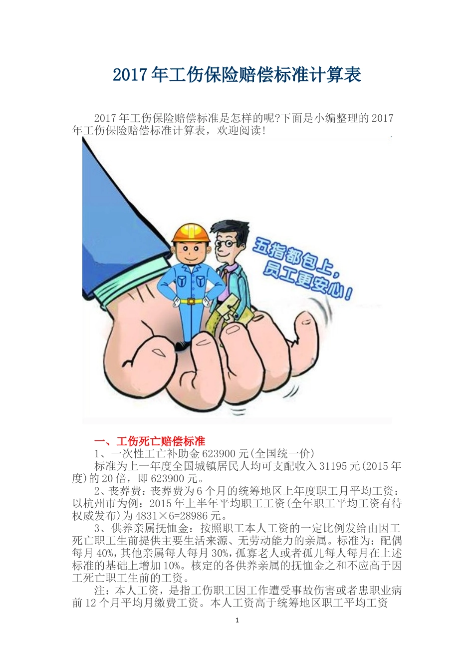 2017年工伤保险赔偿标准计算表_第1页