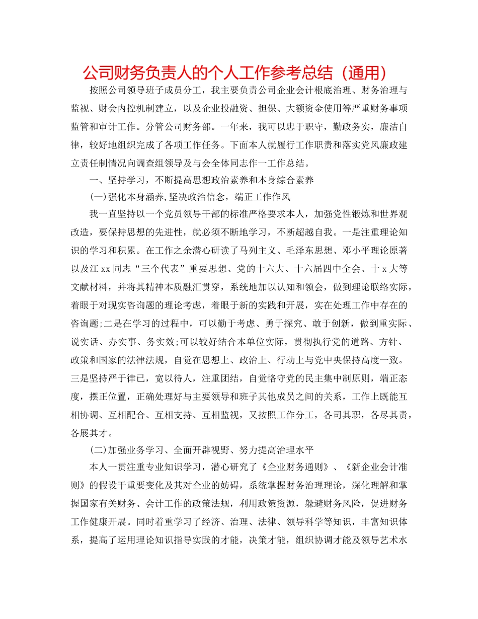 公司财务负责人的个人工作参考总结（通用） _第1页