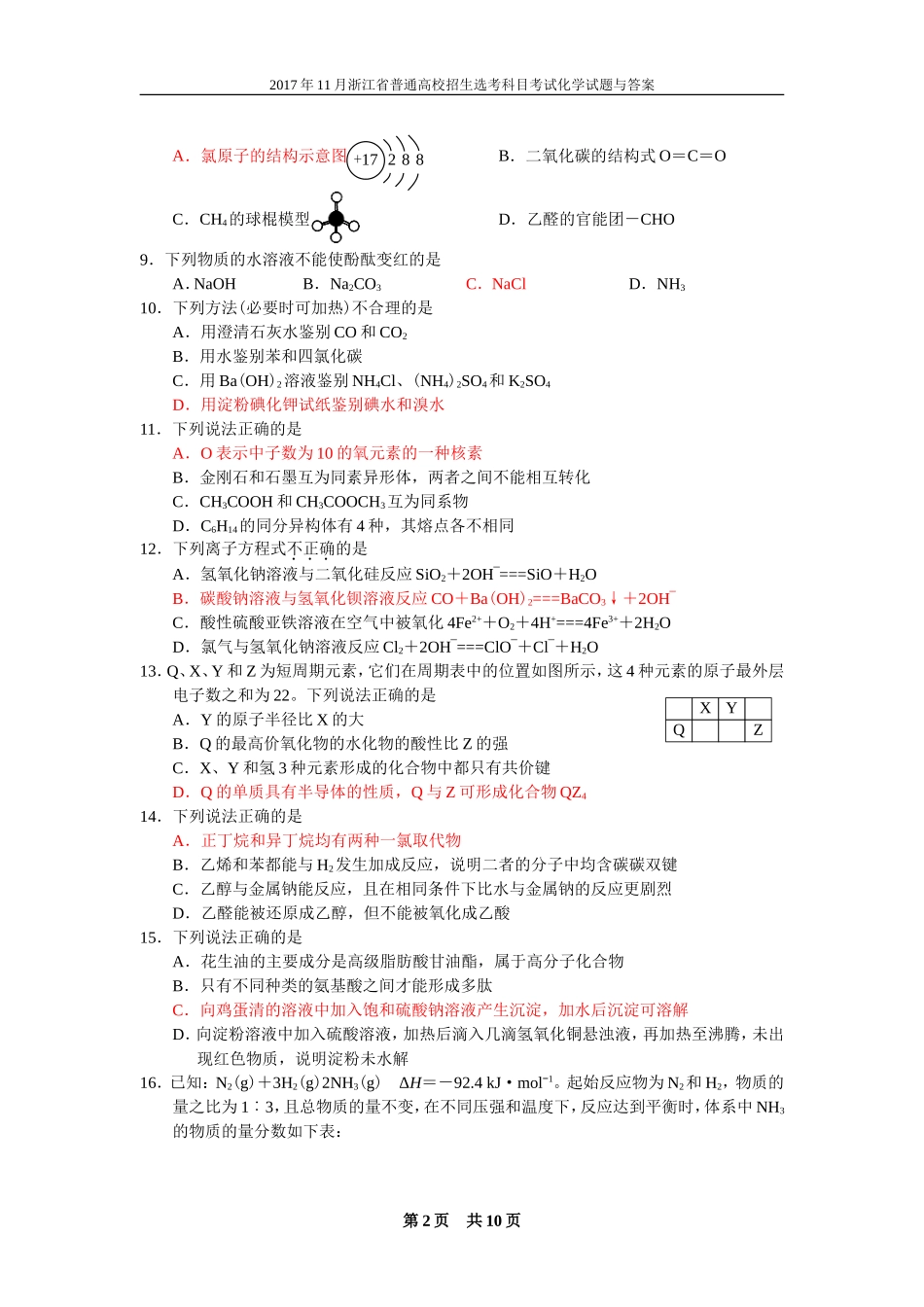2017年11月浙江省普通高校招生选考科目考试化学试题与答案_第2页