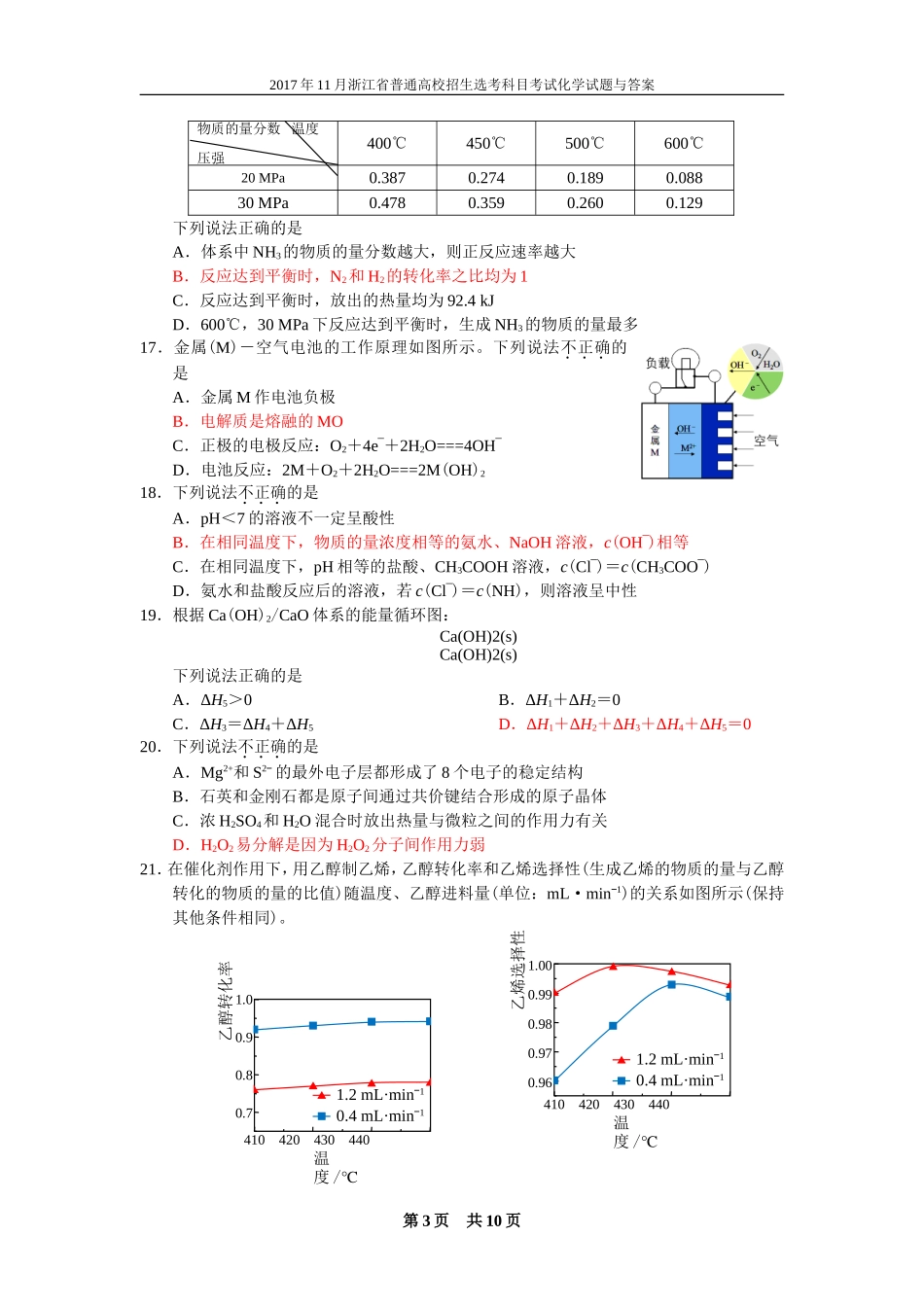 2017年11月浙江省普通高校招生选考科目考试化学试题与答案_第3页