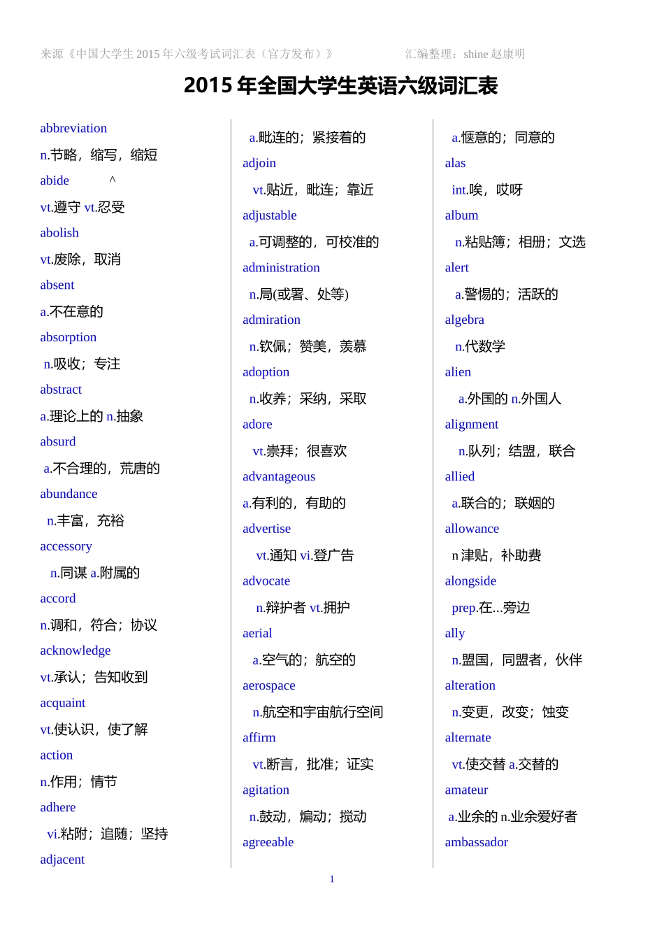 【官方发布】2015年全国大学英语六级词汇表_第1页