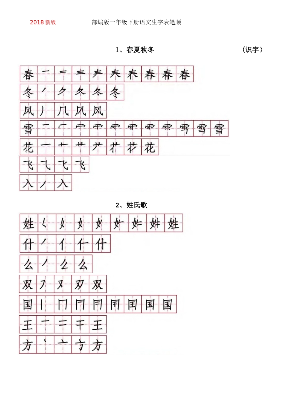 2018新版--部编版一年级下册语文生字表笔顺_第1页