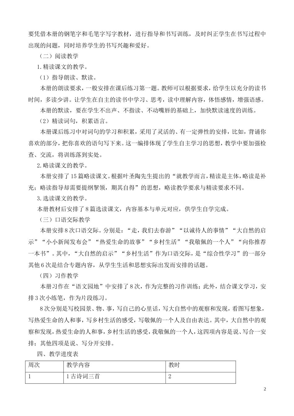 2017年人教版语文四年级下册语文教学计划及进度表_第2页