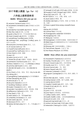 2017新人教版八年级上册英语单词表(含音标全册)