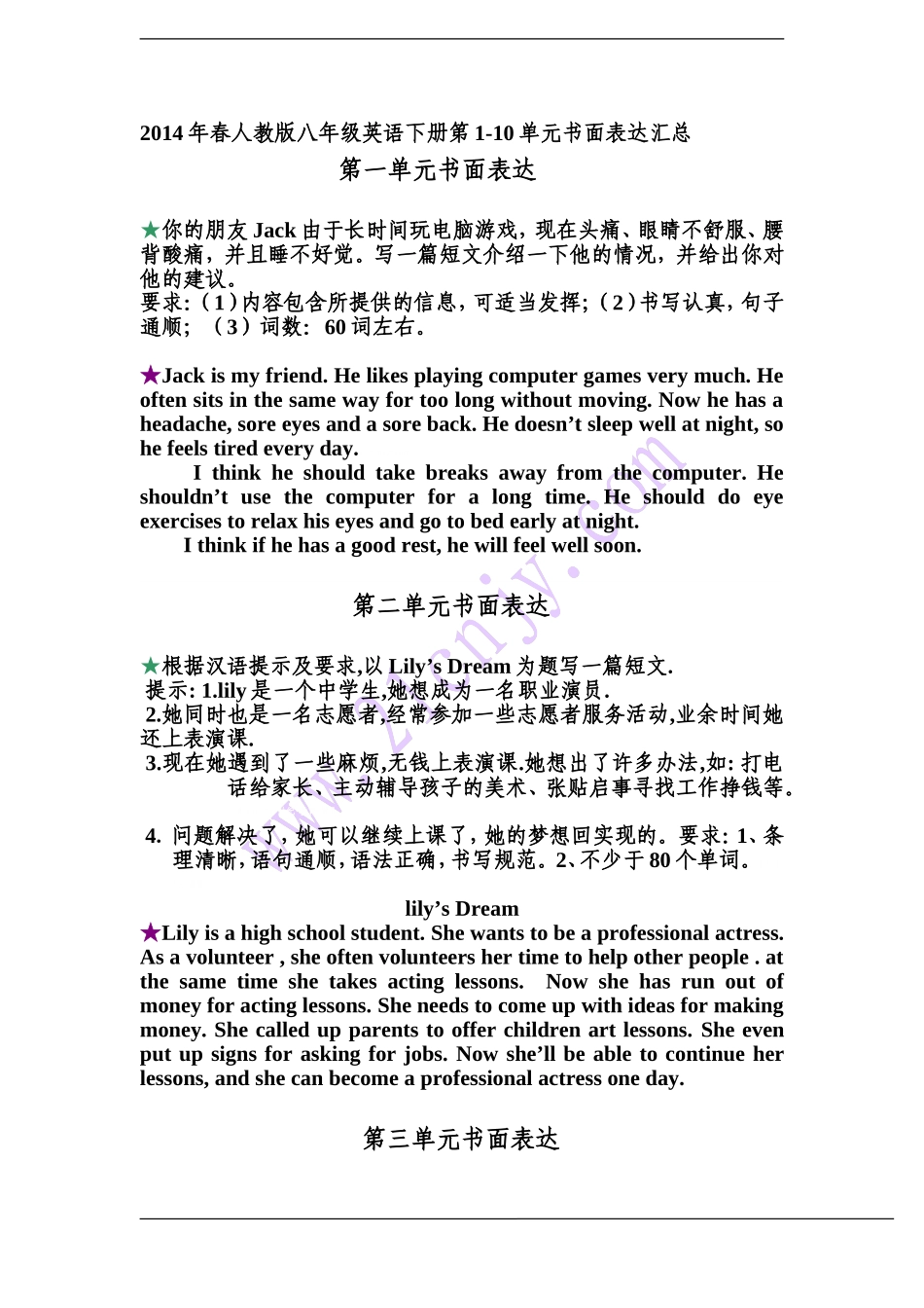 2014年春人教版八年级英语下册第1-10单元书面表达汇总_第1页