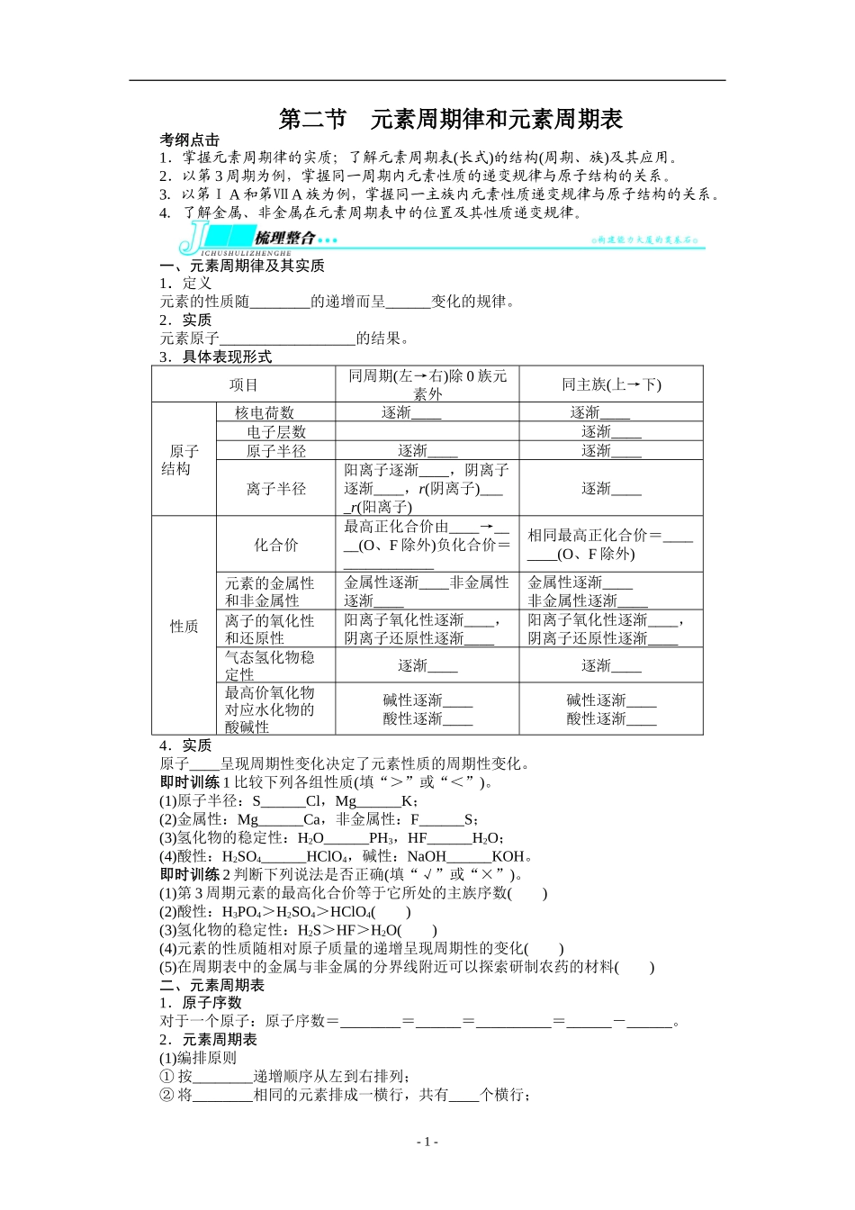 2014届高考化学(鲁科版)一轮复习教学案：第五章-原子结构与元素周期律第二节元素周期律和元素周期表_第1页