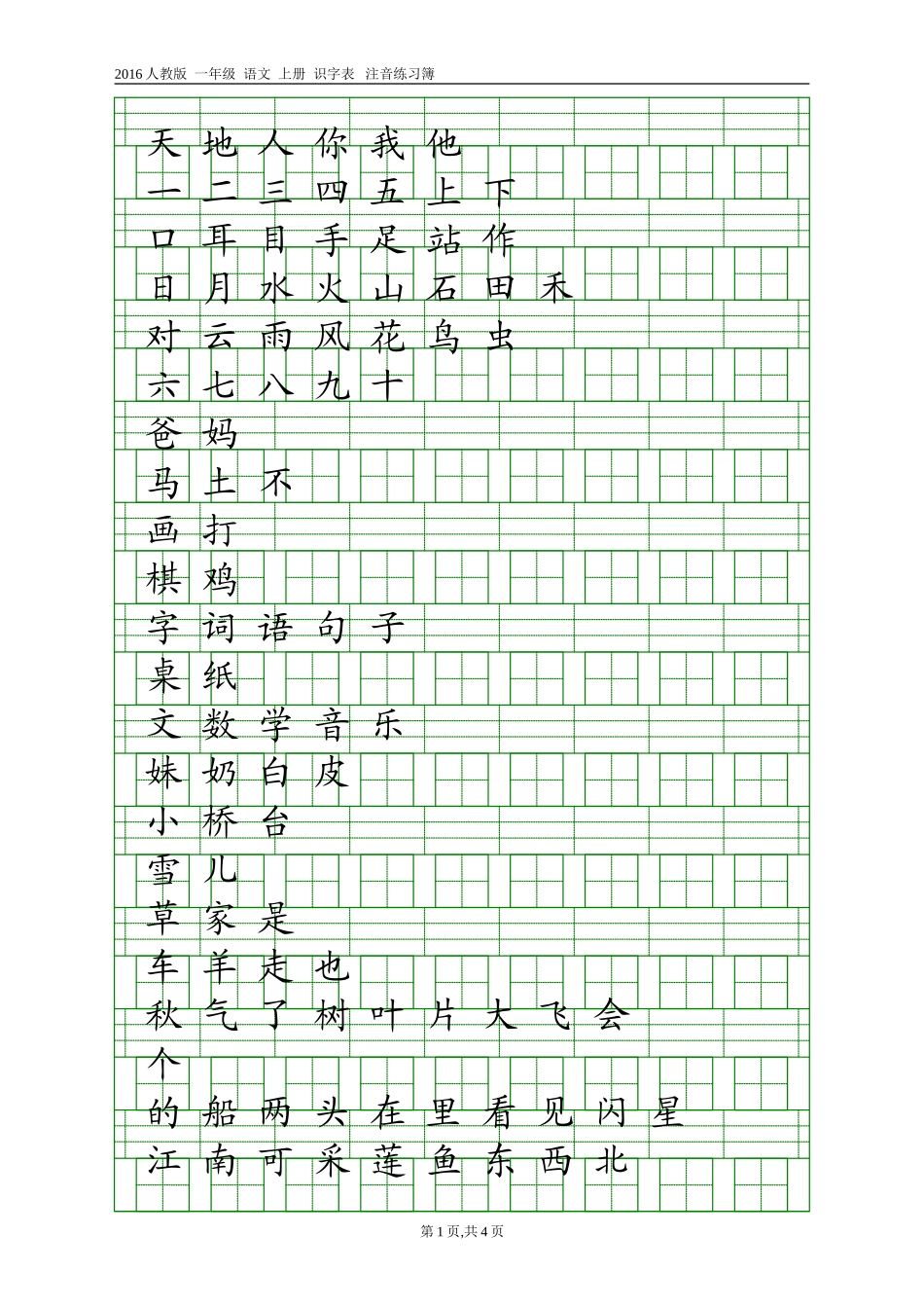 2016人教版一年级语文上册识字表注音练习_第1页