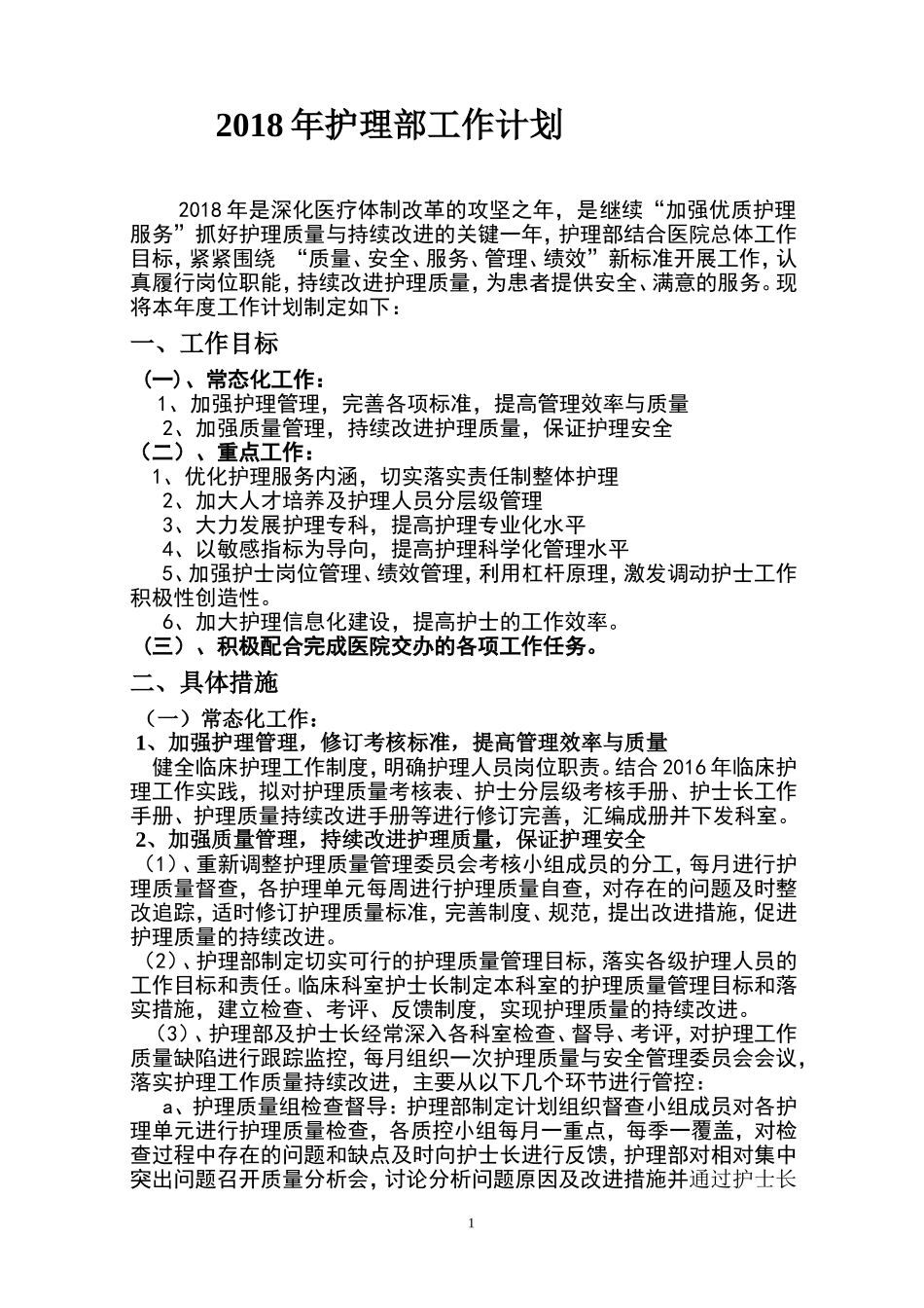 2018年护理部工作计划--终版_第1页