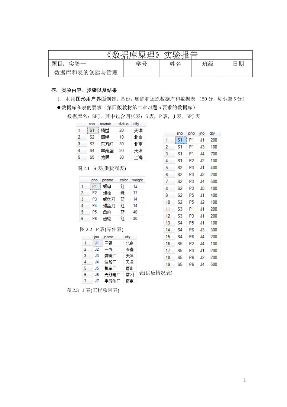 DB1-西工大数据库实验一数据库和表的创建与管理_第1页