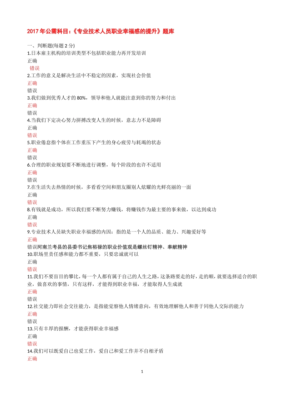 2017年公需科目《职业幸福感的提升》题库(最新最全)_第1页