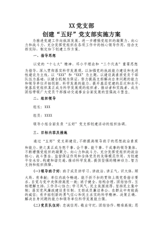 XX党支部创建“五好”党支部实施方案