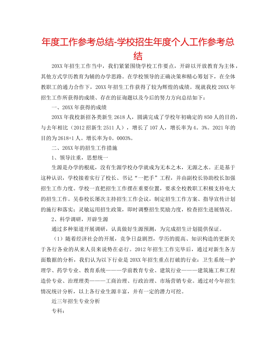 年度工作参考总结-学校招生年度个人工作参考总结 _第1页