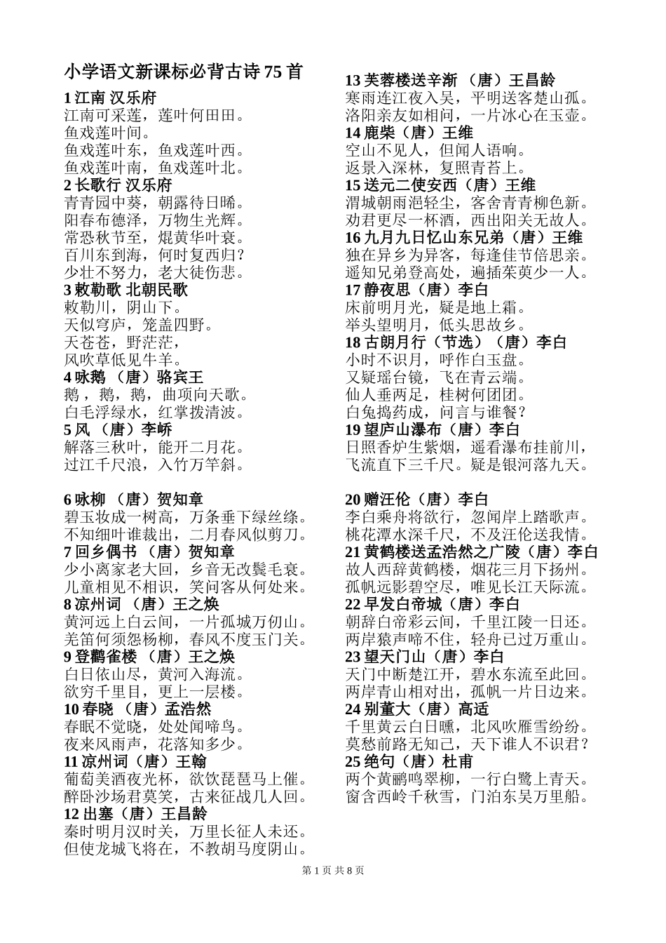 2017小学语文教师招聘必背古诗文_第1页