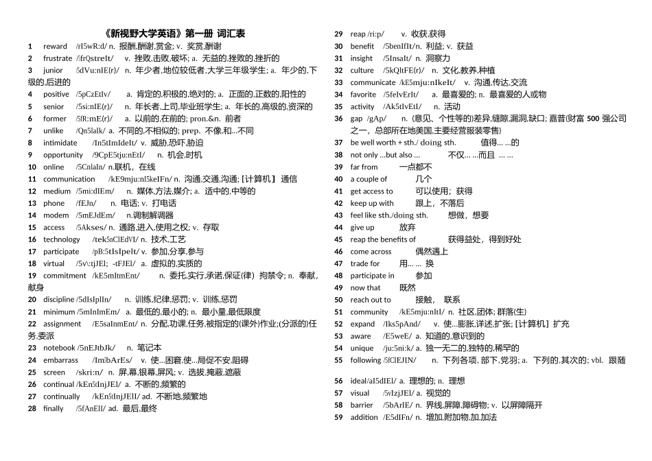《新视野大学英语读写教程》1-4册-词汇表-带音标版_第1页