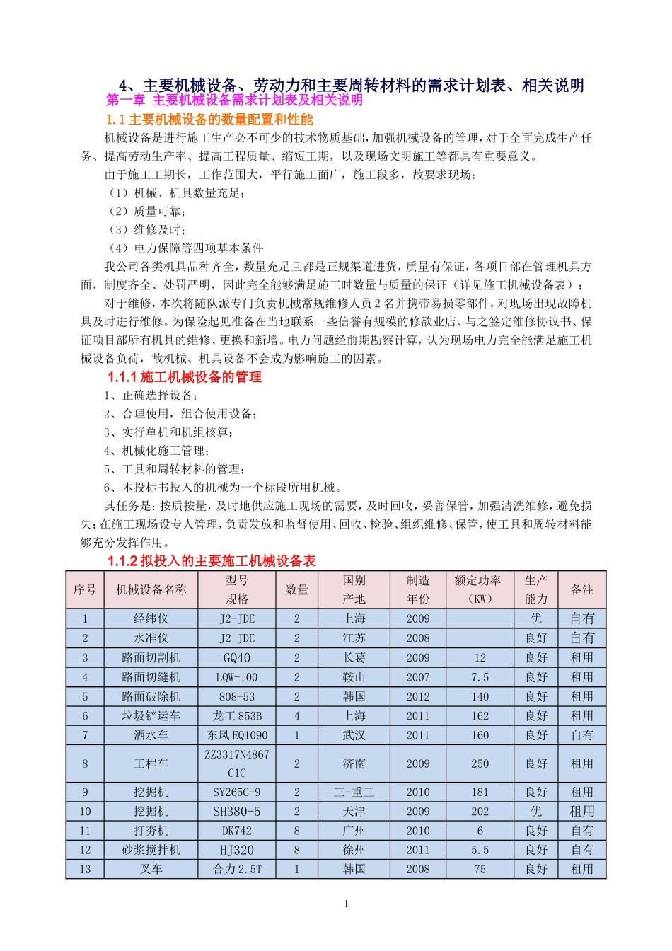 4、主要机械设备、劳动力和主要周转材料的需求计划表、相关说明_第1页