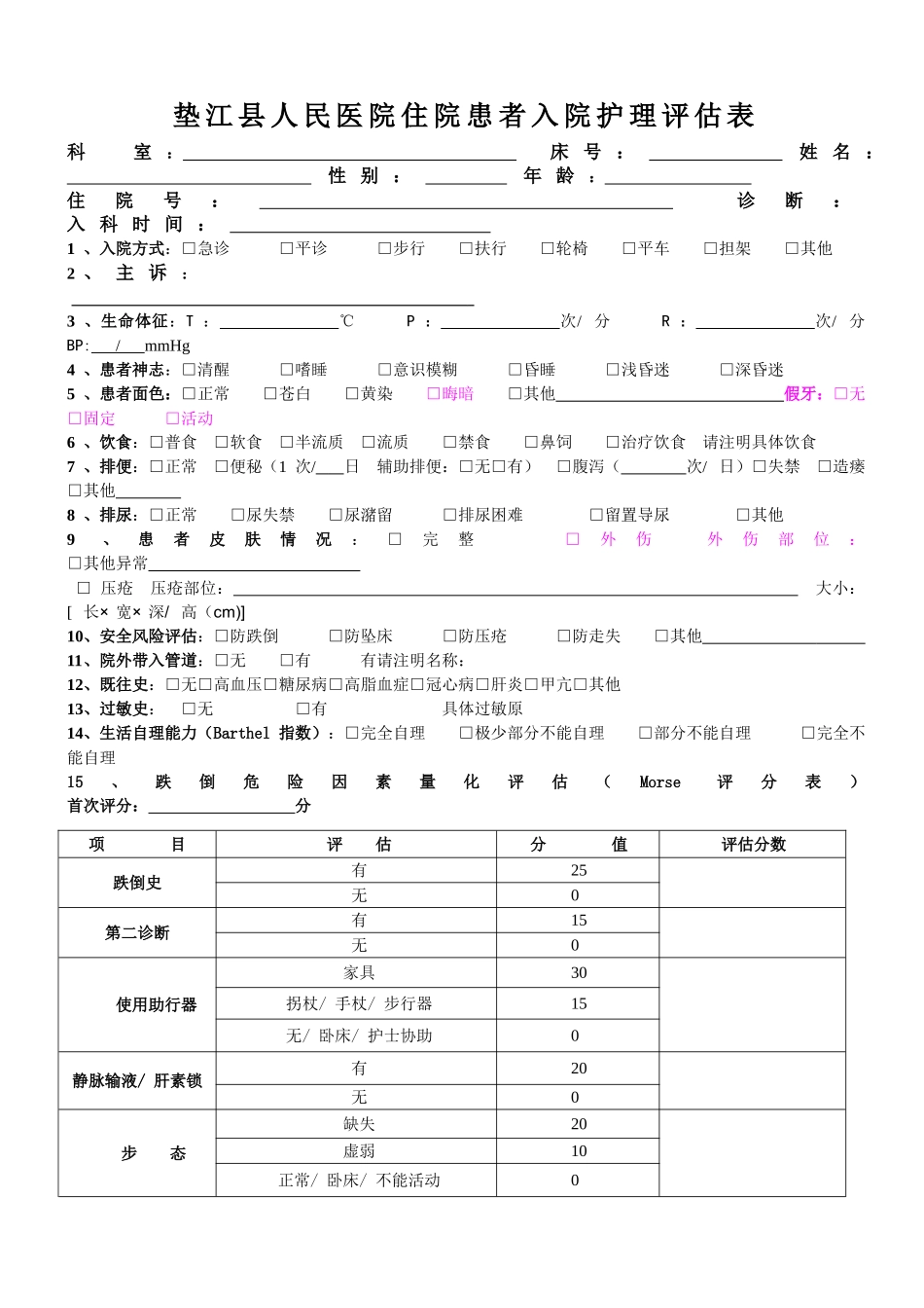 2016-3-23修订住院患者入院护理评估单(及附表格)_第1页